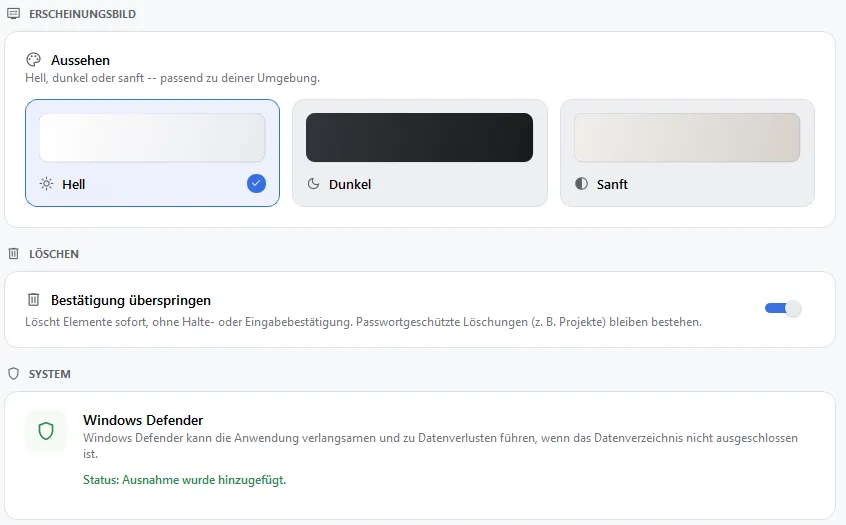 Einstellungen, Abschnitt Allgemein
