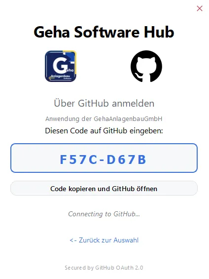 Anmeldefenster mit angezeigtem GitHub-Code