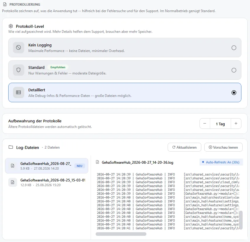 Einstellungen, Abschnitt Debug & Log