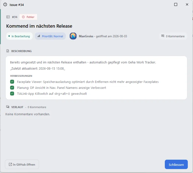 Dialog Issue-Details mit Kommentaren