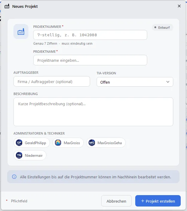 Dialog Neues Projekt