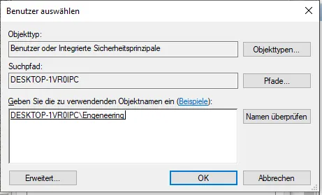 Dialog Benutzer auswählen mit geprüftem Benutzernamen