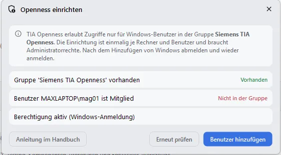 Dialog Openness einrichten mit den drei Prüfungen und der Schaltfläche Benutzer hinzufügen