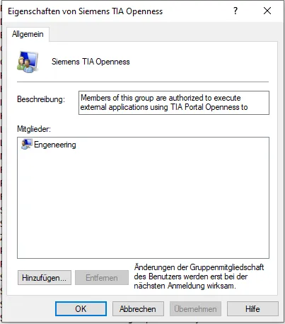 Eigenschaften der Gruppe Siemens TIA Openness mit Mitgliederliste und Schaltfläche Hinzufügen