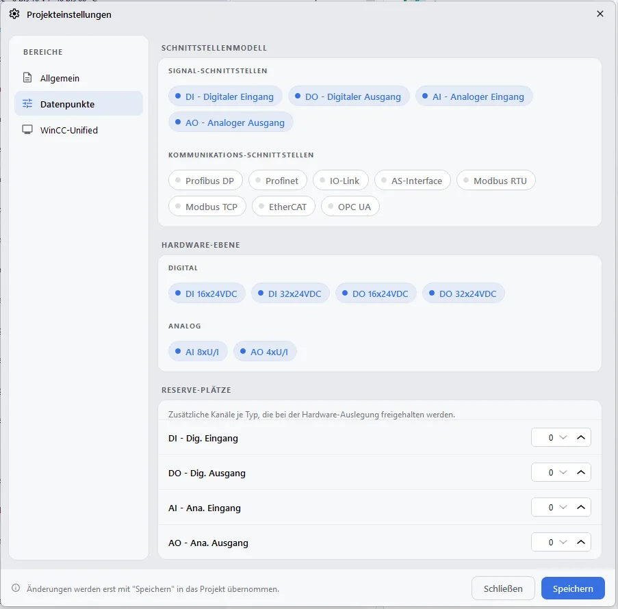 Projekteinstellungen, Seite Datenpunkte