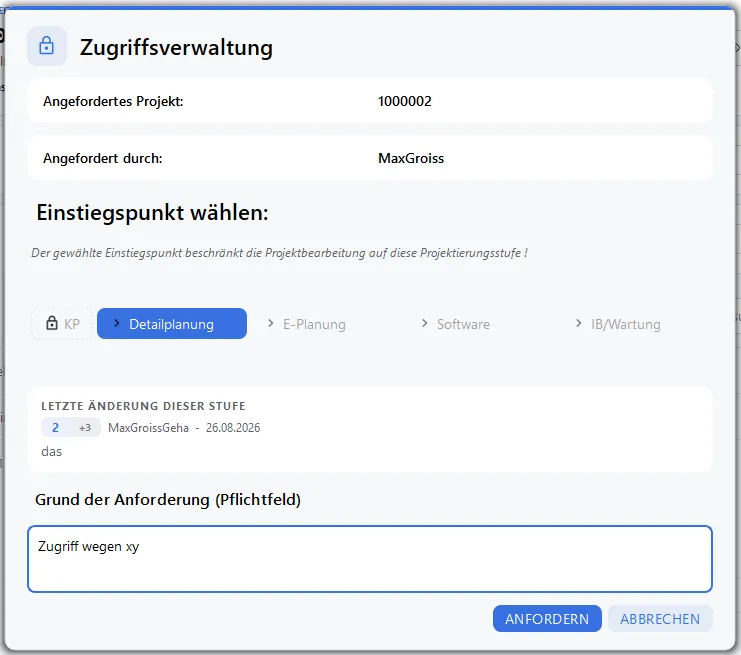 Dialog Schreibanfrage mit Einstiegspunkt-Auswahl