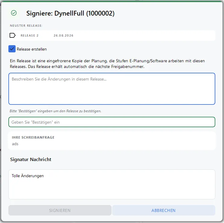 Dialog Projekt Signierung in der Detailplanung