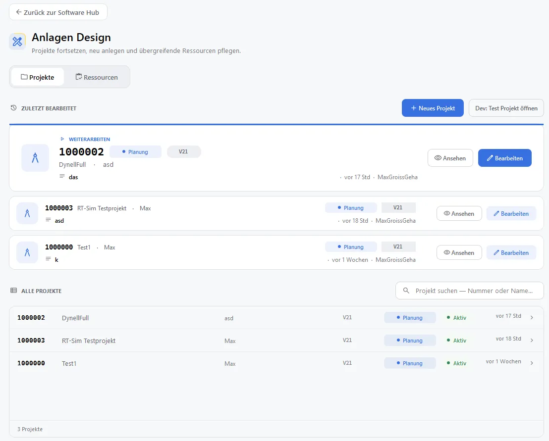 Startseite von Anlagen Design, Seite Projekte