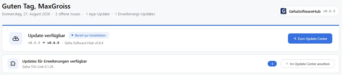 Ausschnitt der Update-Karte im Zustand Update verfügbar