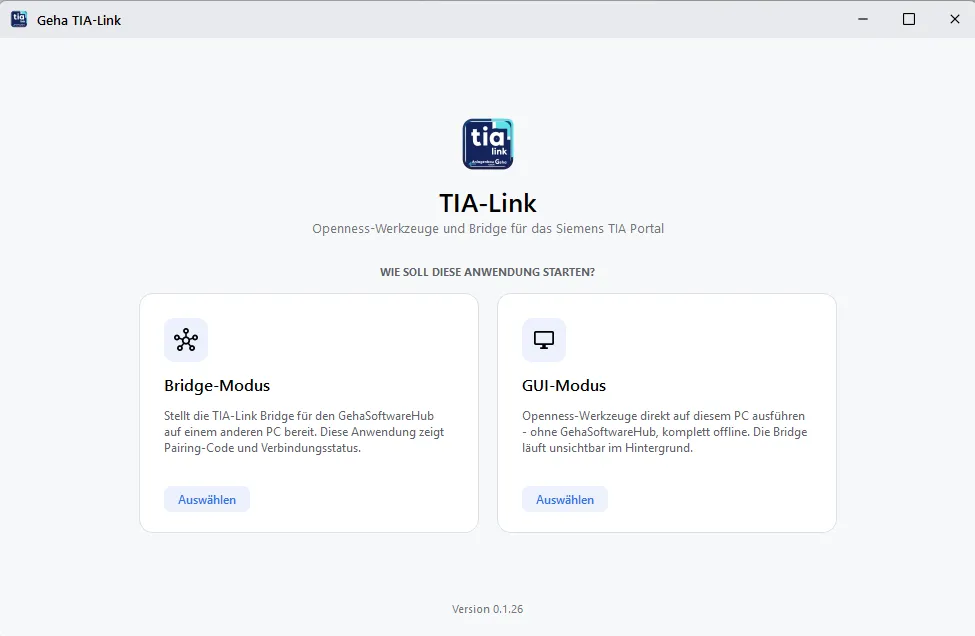 TIA-Link App Startseite mit Bridge-Modus und GUI-Modus