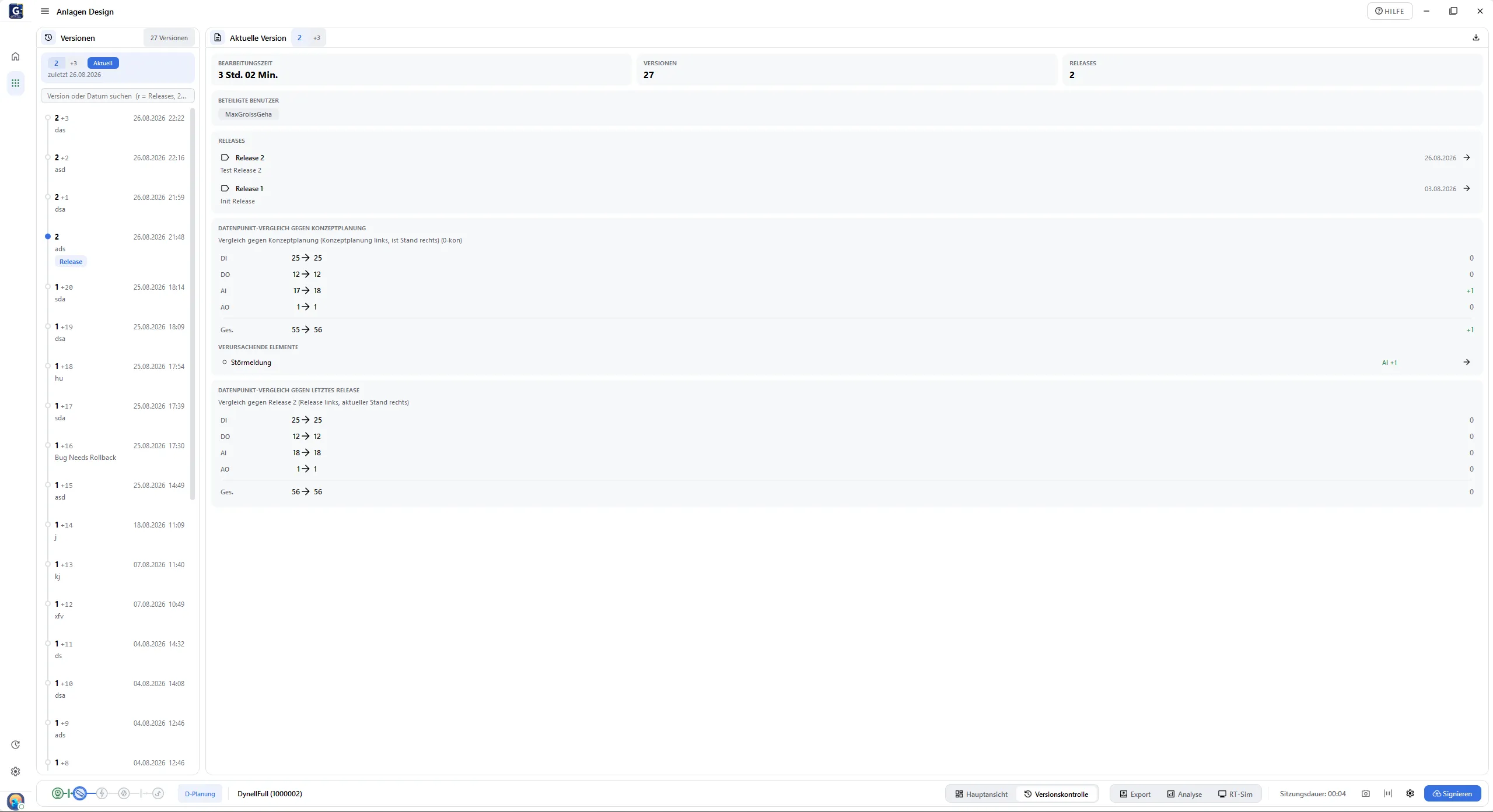 Ansicht Versionskontrolle mit Release
