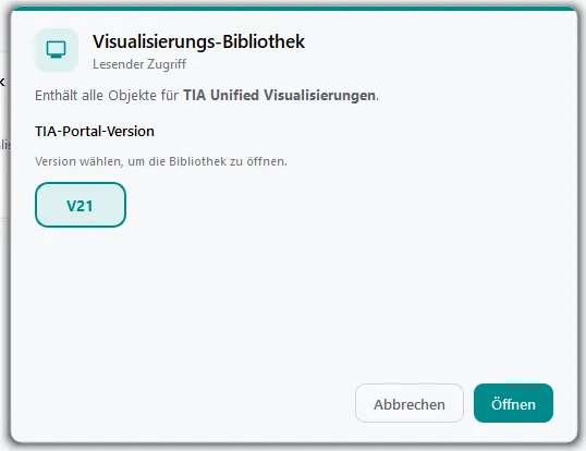 Dialog Visualisierungs-Bibliothek mit Versions-Kacheln